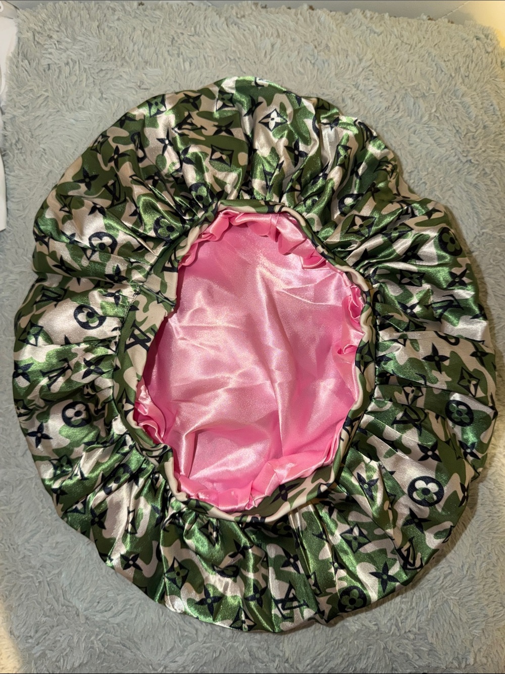 Reversible Satin Bonnet - Green Camo Exterior with Pink Satin Interior